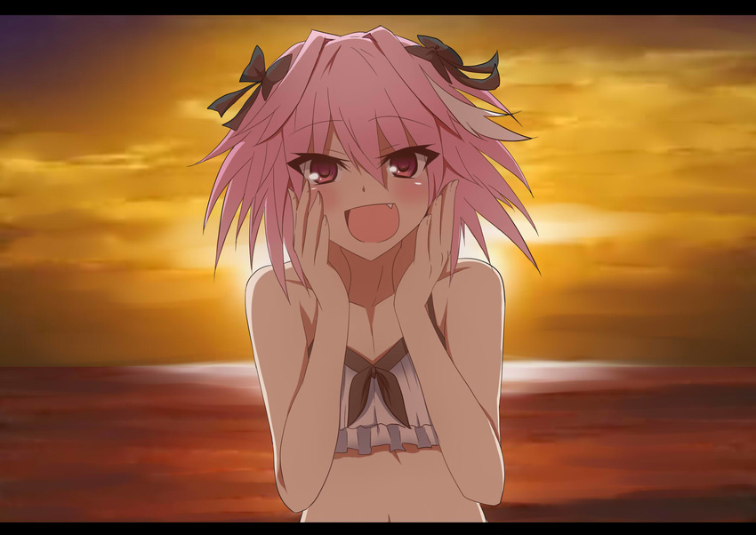 ashino_moto astolfo_(fate) blush braid commentary_request fang fate/apocrypha fate/grand_order fate_(series) hair_ribbon highres long_hair looking_at_viewer male_focus open_mouth otoko_no_ko parody pink_hair purple_eyes ribbon smile solo