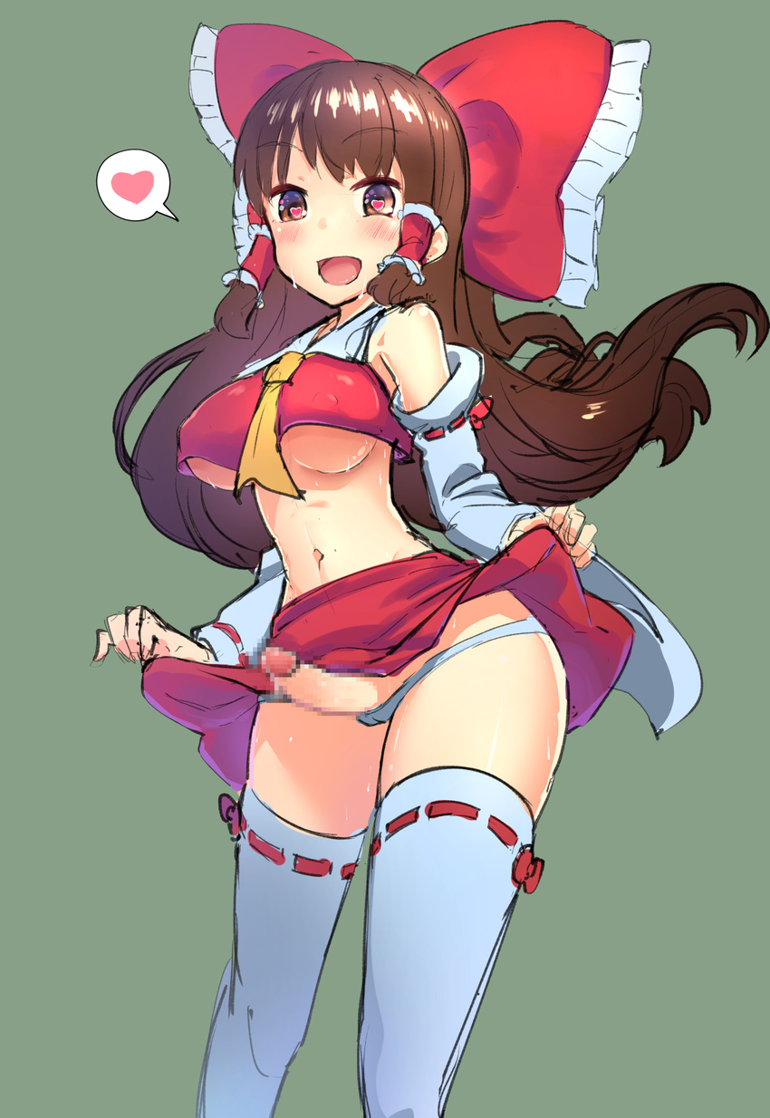 :d bare_shoulders bow breasts brown_eyes brown_hair censored commentary_request crop_top crop_top_overhang detached_sleeves erection frilled_bow frills futanari green_background hair_tubes hakurei_reimu heart heart-shaped_pupils highres large_bow lifted_by_self long_hair long_sleeves looking_at_viewer medium_breasts mosaic_censoring navel open_mouth panties penis red_bow red_ribbon red_skirt ribbon ribbon-trimmed_legwear ribbon-trimmed_sleeves ribbon_trim shiny shiny_hair shiya sidelocks simple_background skirt skirt_lift smile solo speech_bubble spoken_heart standing stomach sweat symbol-shaped_pupils tareme thighhighs thighs touhou underwear upskirt very_long_hair white_legwear white_panties wide_sleeves