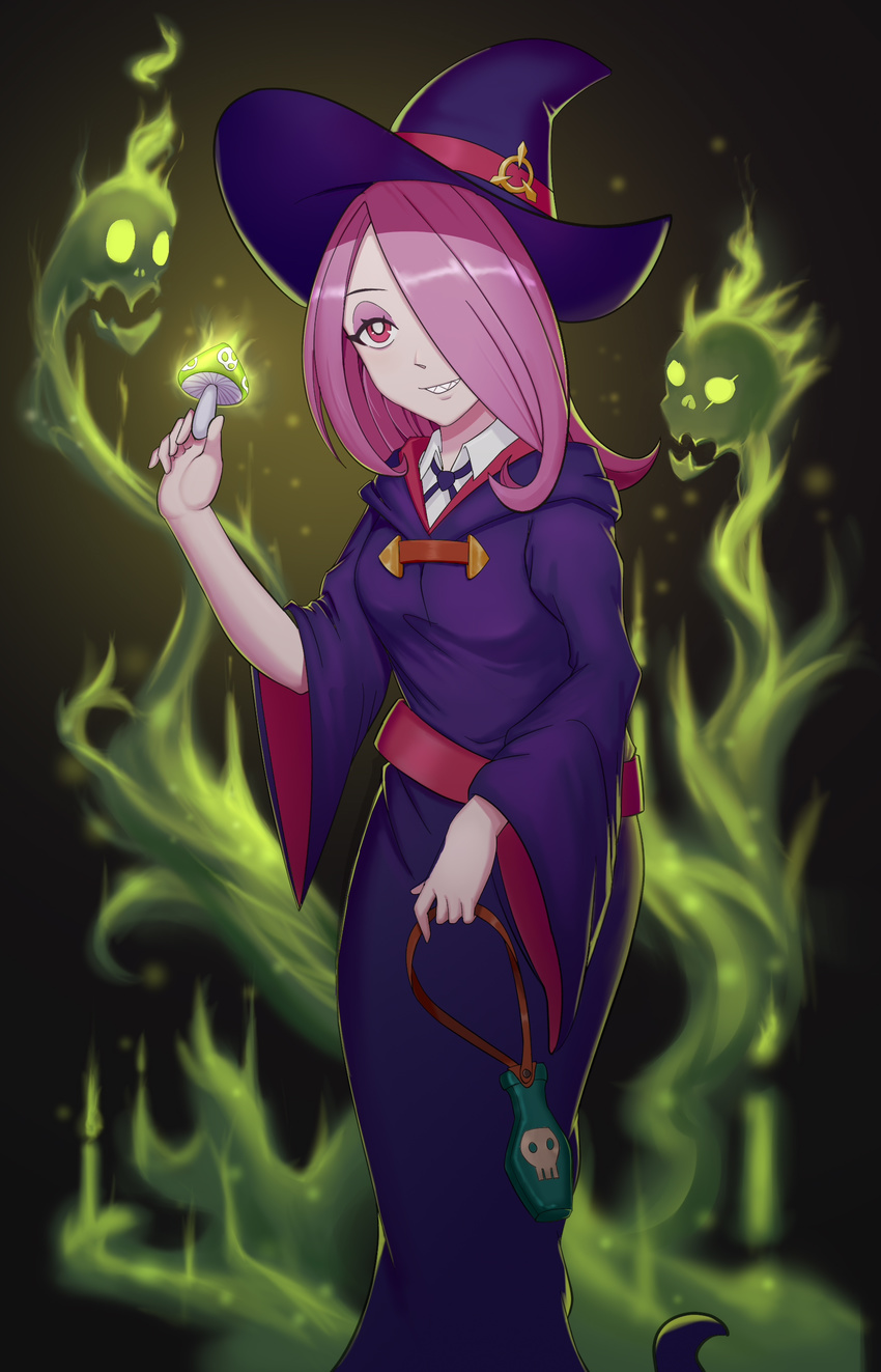 absurdres brown_hair hair_over_one_eye hat highres kokoala little_witch_academia long_hair pale_skin red_eyes smile solo sucy_manbavaran witch_hat