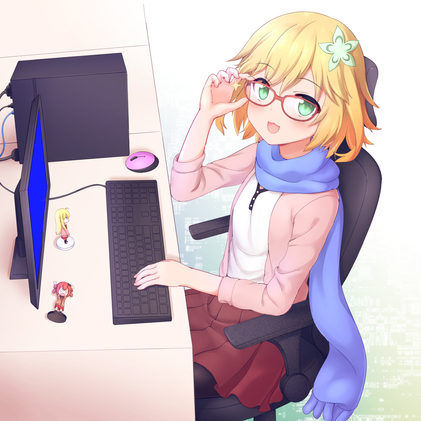 :3 :o adjusting_eyewear ahoge bat_hair_ornament blonde_hair blue_screen_of_death cardigan casual chair character_doll chisaki_tapris_sugarbell commentary_request computer desk faubynet figure flower gabriel_dropout glasses green_eyes hair_flower hair_ornament hair_rings hand_on_eyewear hands_up highres instrument keyboard kurumizawa_satanichia_mcdowell long_scarf looking_at_viewer md5_mismatch monitor mouse_(computer) nendoroid open_mouth pantyhose pink_cardigan pleated_skirt red_hair scarf school_uniform screen short_hair sitting skirt sleeves_past_elbows smile solo sparkle tenma_gabriel_white v-shaped_eyebrows white_background