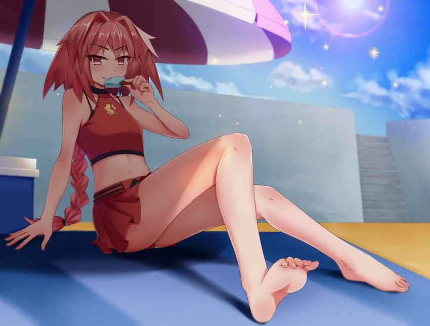 arm_at_side arm_support astolfo_(fate) bare_arms bare_legs bare_shoulders barefoot beach_towel beach_umbrella bikini box braid collarbone day eating fate/apocrypha fate/grand_order fate_(series) feet food foreshortening full_body grin hair_intakes highres holding holding_food leaning_back legs lens_flare long_hair looking_at_viewer male_focus multicolored_hair navel otoko_no_ko otz_(aioerk) outdoors parted_lips pink_eyes pink_hair popsicle red_bikini shade single_braid smile soles solo sparkle stairs stomach streaked_hair summer sunlight swimsuit teeth toes towel tsurime umbrella very_long_hair white_hair