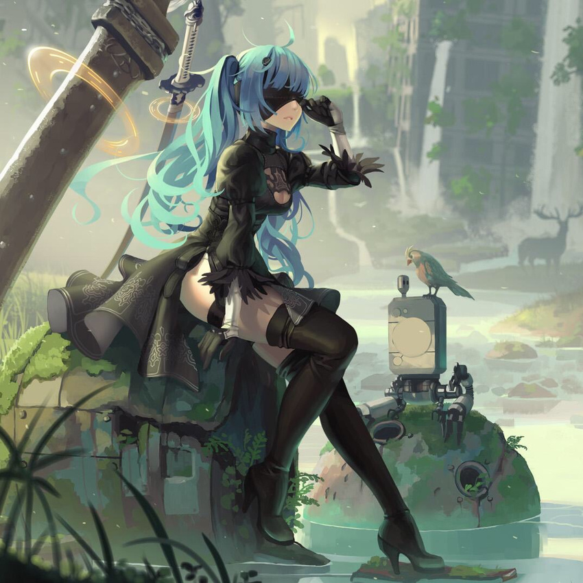 ai-chan_(playstation) animal aqua_hair bad_id bad_pixiv_id bird black_dress black_gloves black_legwear blindfold boots breasts cosplay deer dress from_side full_body gloves high_heels long_hair medium_breasts nier_(series) nier_automata outdoors ruins sitting solo sony sword thigh_boots thighhighs twintails vofan water weapon yorha_no._2_type_b yorha_no._2_type_b_(cosplay)