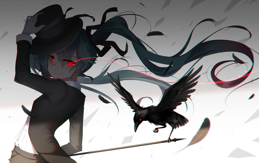 bai_yemeng bird black_ribbon blue_hair blurry closed_mouth commentary_request crow depth_of_field feathers floating_hair from_side gloves glowing glowing_eyes hair_ribbon hat hatsune_miku holding jacket long_hair md5_mismatch open_clothes open_jacket red_eyes ribbon smile smirk solo top_hat twintails upper_body vocaloid white_gloves