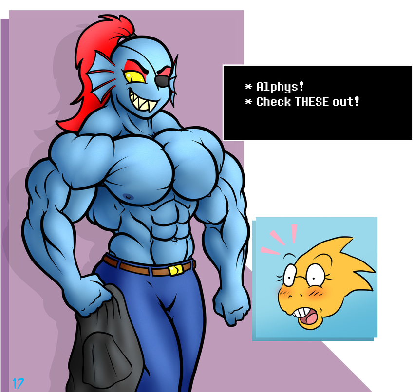2017 abs alphys belt biceps blush clothing english_text eye_patch eyewear female fin fish flat_chested glasses hair marine muscular muscular_female navel nipples open_mouth pants red_hair reptile scalie shirt smile stx70 teeth text undertale undyne video_games