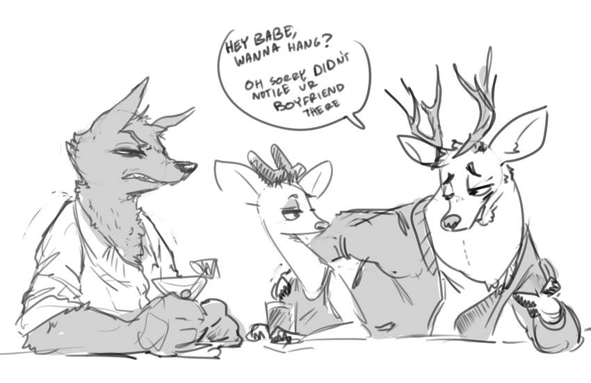 absurd_res angry anthro antlers betty_(weaver) beverage canine cervine clothed clothing deer dialogue disney english_text fan_character female flirting glass greyscale group half-closed_eyes hi_res horn male mammal monochrome nobby_(artist) pack_street simple_background speech_bubble text velvet_roe_(weaver) white_background wolf zootopia