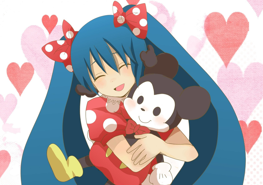 animal_ears artist_request blue_hair crossover disney dress extra_eyes graphite_(medium) hatsune_miku heart highres hug image_sample long_hair mickey_mouse mouse_ears mouse_tail multicolored multicolored_clothes multicolored_dress open_mouth puffy_short_sleeves puffy_sleeves short_sleeves smile stuffed_animal stuffed_toy tail traditional_media twintails very_long_hair vocaloid wallpaper