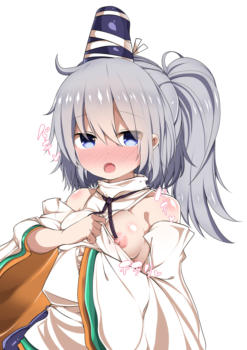 absurdres bare_shoulders blue_eyes blush breasts grey_hair hat highres japanese_clothes kariginu looking_at_viewer medium_breasts mononobe_no_futo nipples no_bra open_mouth ponytail shirt_pull silver_hair solo takashi_(nekoro) touhou wide_sleeves