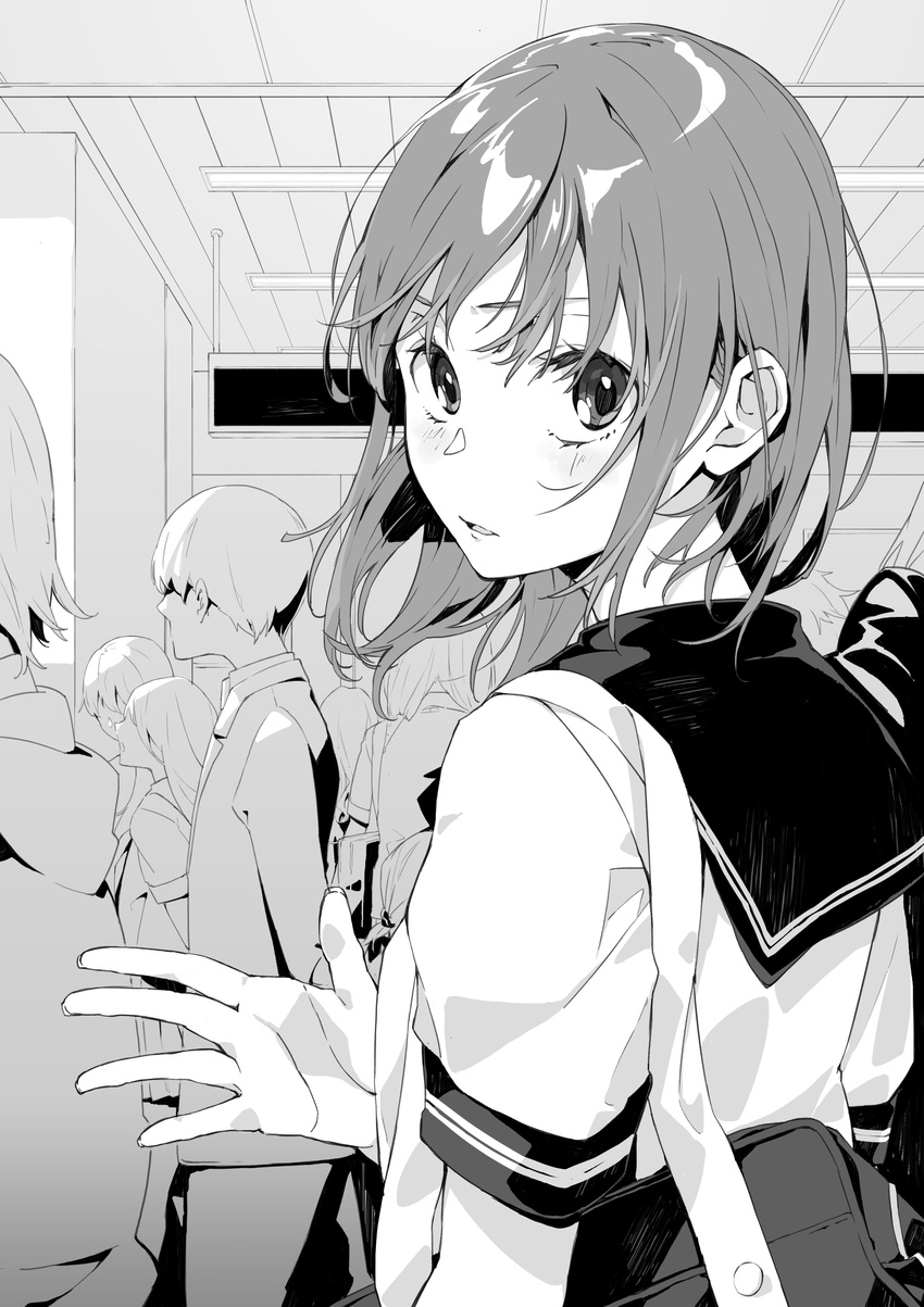 absurdres bag bangs blush commentary_request crowd from_side greyscale highres indoors looking_at_viewer looking_back monochrome original parted_lips school school_bag school_uniform serafuku short_sleeves shoulder_bag solo_focus tsukugu upper_body wavy_mouth