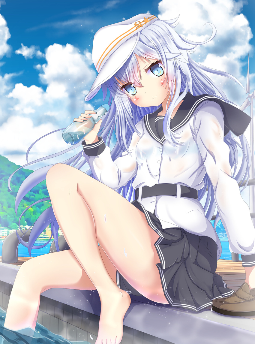 arm_at_side aruka_(alka_p1) bare_legs barefoot belt black_skirt blue_bra blue_sky blush bra breasts buttons closed_mouth cloud commentary_request day eyebrows_visible_through_hair flat_cap hair_between_eyes hammer_and_sickle hat hibiki_(kantai_collection) highres holding kantai_collection knee_up loafers long_hair long_sleeves looking_at_viewer miniskirt ocean outdoors pier pleated_skirt sailor_collar see-through shirt shoes shoes_removed skirt sky small_breasts smile soaking_feet solo star town underwear verniy_(kantai_collection) water water_drop white_shirt