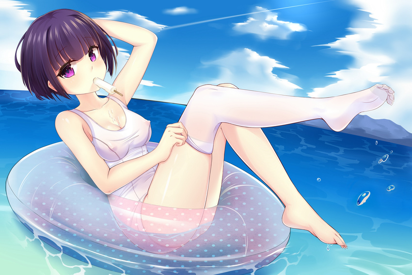 arm_behind_head arm_up bangs bare_arms bare_shoulders barefoot blunt_bangs breasts cleavage cloud cloudy_sky collarbone covered_nipples day dripping eromanga_sensei eyebrows_visible_through_hair food highres innertube legs_up long_toenails looking_at_viewer medium_breasts melting mikawa_sansen mouth_hold ocean one-piece_swimsuit outdoors polka_dot_innertube popsicle pulled_by_self purple_eyes purple_hair school_swimsuit see-through senju_muramasa sexually_suggestive short_hair single_thighhigh sky solo swimsuit thighhighs thighhighs_pull toenails toes water water_drop white_legwear white_school_swimsuit white_swimsuit