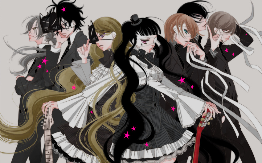 back-to-back bandages black_hair brown_hair closed_mouth crossed_arms dress everyone eyepatch facial_mark finger_to_mouth formal fukumenkei_noise fukuyama_ryouko grey_hair guitar hand_behind_head hand_on_head hat highres instrument lolita_fashion long_hair male_focus mask mask_removed mini_hat mini_top_hat official_art one_eye_covered open_mouth ponytail sakaki_momo short_hair suit tied_hair top_hat wallpaper