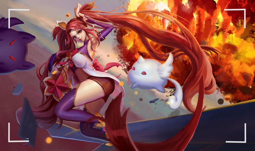 1girl alternate_costume alternate_hair_color alternate_hairstyle bare_shoulders belt black_gloves black_legwear breasts earrings elbow_gloves fingerless_gloves gloves hair_ornament jewelry jinx_(league_of_legends) kuro_(league_of_legends) league_of_legends lipstick long_hair magical_girl red_bow red_bowtie red_eyes red_hair red_lips shiro_(league_of_legends) short_shorts shorts star_guardian_jinx thighhighs tied_hair twintails very_long_hair