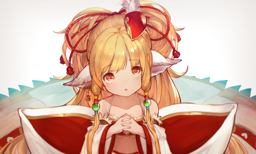 bandeau bangs bare_shoulders beads blonde_hair collarbone detached_sleeves feathers granblue_fantasy hair_beads hair_ornament hands_together harvin head_tilt interlocked_fingers long_hair looking_at_viewer mahira_(granblue_fantasy) red_eyes teko wide_sleeves