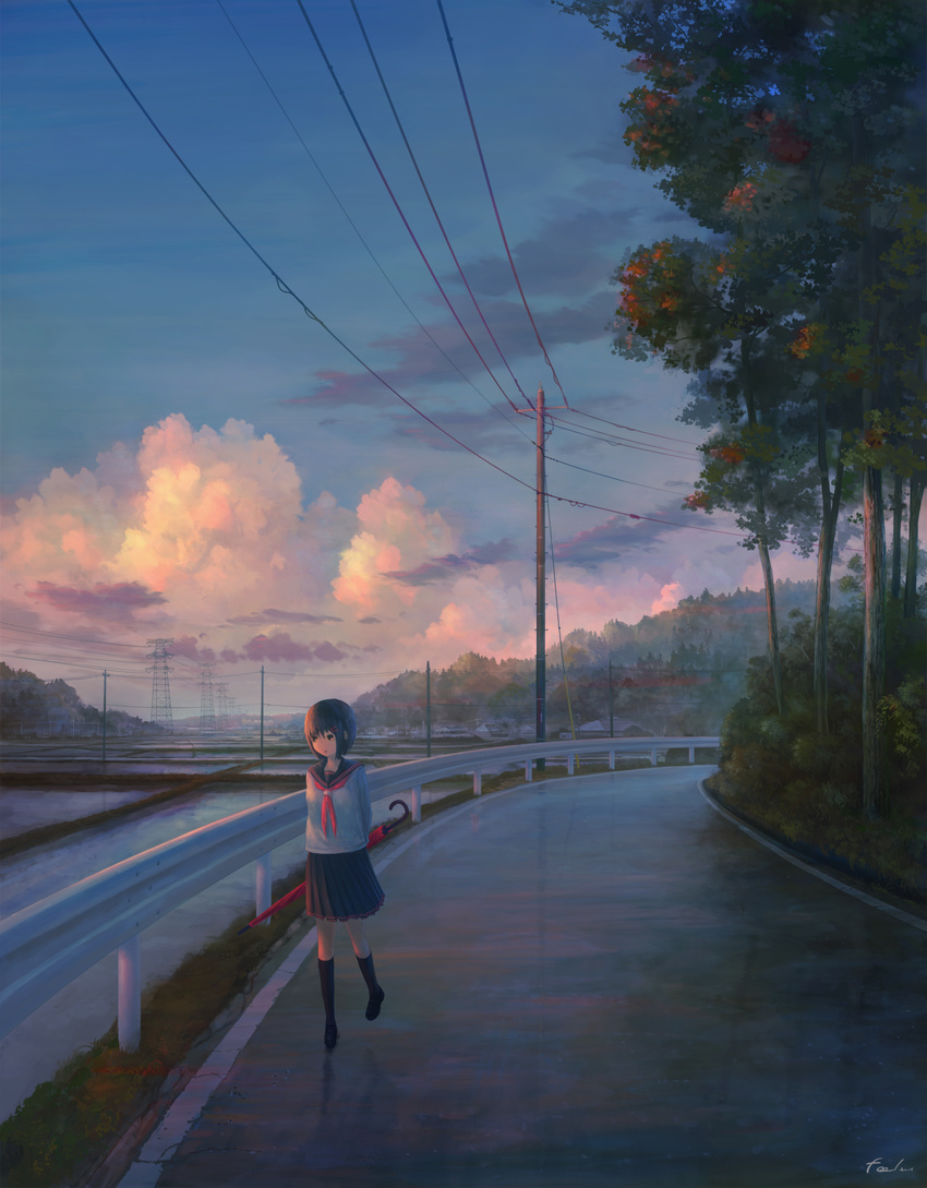 black_hair black_legwear black_skirt brown_eyes closed_umbrella feel_(nasitaki) guard_rail highres holding holding_umbrella kneehighs looking_away neckerchief original red_neckwear road short_hair signature skirt solo telephone_pole umbrella