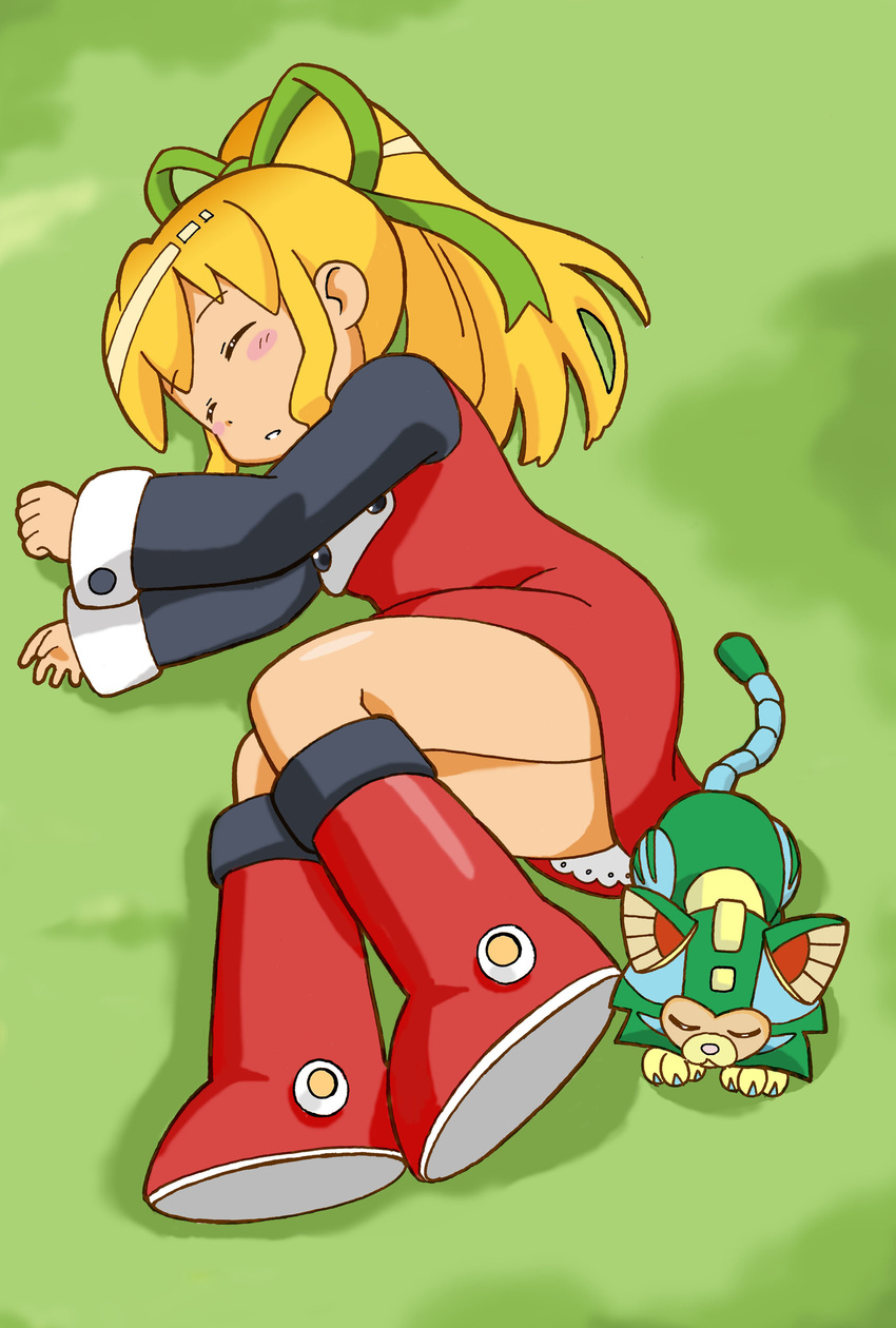 absurdres bangs black_shirt blonde_hair blush_stickers boots breasts cat clenched_hand closed_eyes commentary_request dress grass green_ribbon hair_ribbon highres knee_boots kumakomagoma long_hair long_sleeves lying on_side parted_lips ponytail red_dress red_footwear ribbon rockman rockman_(classic) roll shadow shirt sidelocks sleeping small_breasts tango_(rockman) undershirt