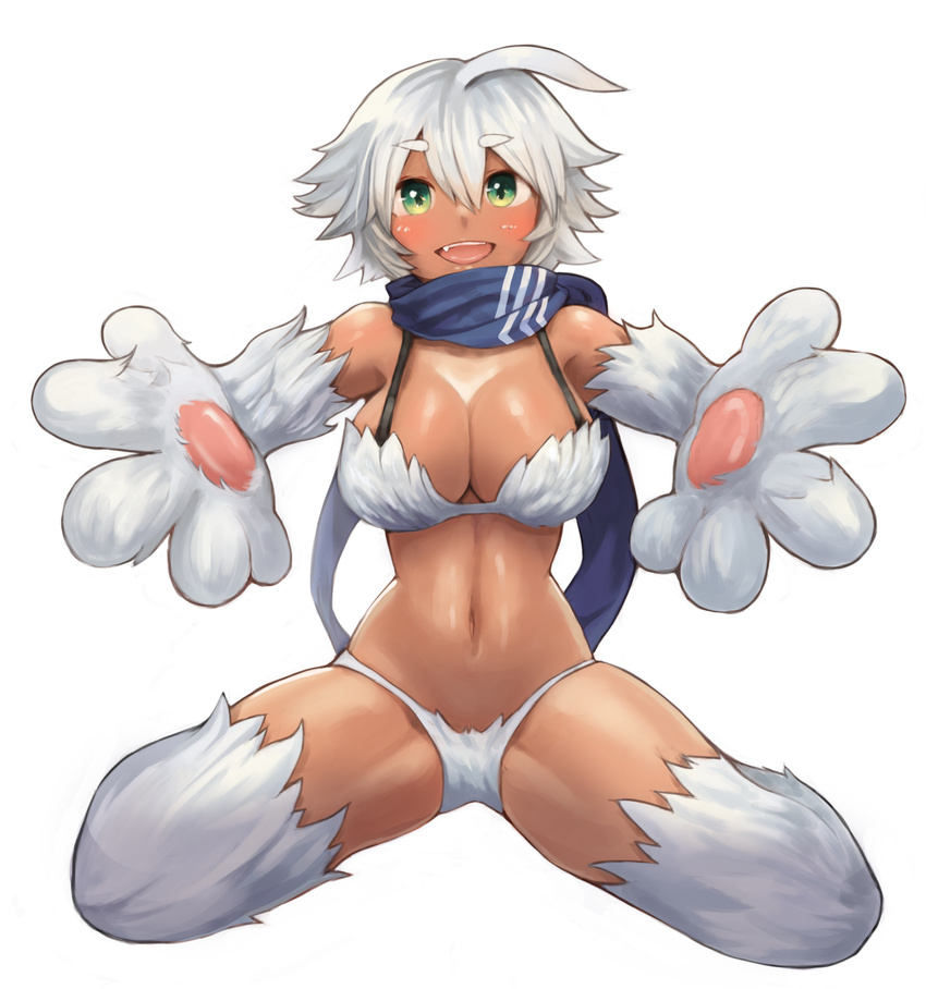 :d absurdres ahoge bare_shoulders blue_scarf blush breasts cleavage dark_skin eyebrows_visible_through_hair fang foreshortening full_body fur fur_bikini green_eyes highres incoming_hug large_breasts looking_at_viewer monster_girl monster_girl_encyclopedia navel open_mouth outstretched_arms paws scarf shiny shiny_skin short_hair simple_background smile solo sookmo spread_legs thick_eyebrows white_background white_fur white_hair yeti_(monster_girl_encyclopedia)