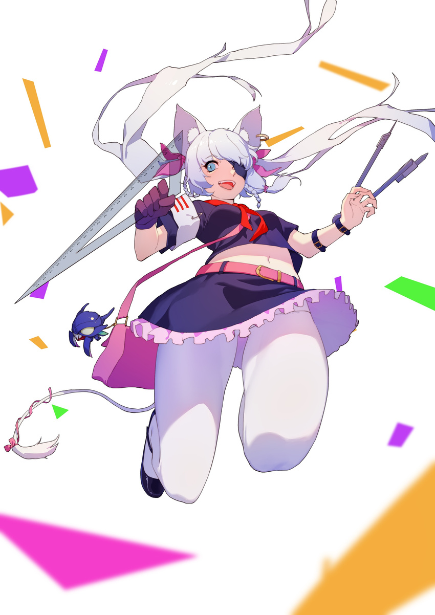 absurdres animal_ears blue_eyes daye_bie_qia_lian eyepatch genderswap genderswap_(mtf) highres league_of_legends long_hair midriff_peek navel panties panties_under_pantyhose pantyhose rengar tail underwear white_hair