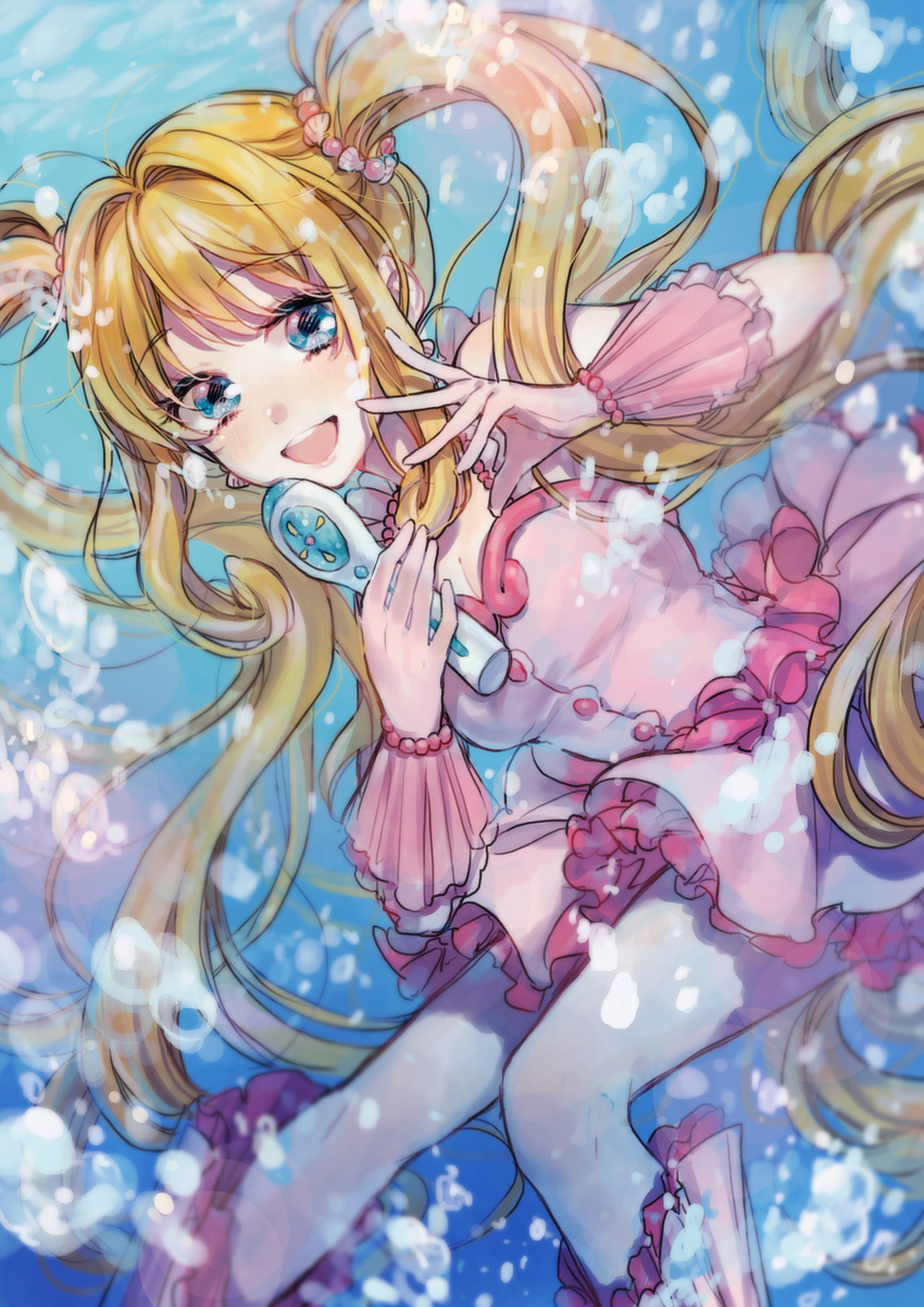 :d absurdres air_bubble bangs blonde_hair blue_eyes blush breasts bubble buttons dress earrings feet_out_of_frame gloves hair_ornament highres holding holding_microphone jewelry long_hair magical_girl medium_breasts mermaid_melody_pichi_pichi_pitch microphone nanami_lucia open_mouth pleated_skirt shell shells skirt smile solo submerged sudach_koppe twintails underwater very_long_hair