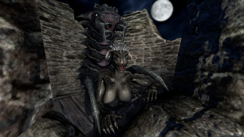 2017 3d_(artwork) all_fours anthro anthro_on_feral argonian arthropod bestiality breasts chaurus digital_media_(artwork) doggystyle feathers female feral from_behind_position hair hi_res horn insect interspecies male male/female mammal monster nipples nude open_mouth outside reptile scales scalie sex skyrim source_filmmaker the_elder_scrolls video_games xboxking37