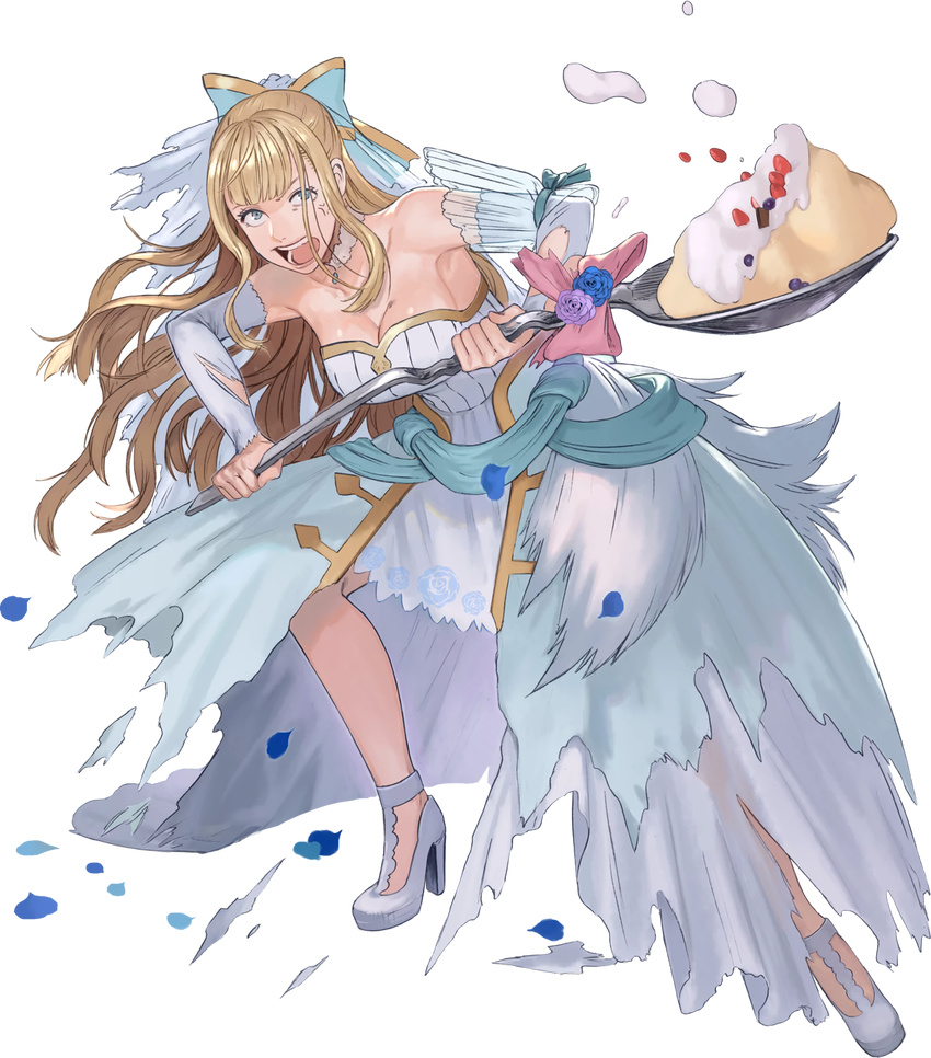 anger_vein angry blonde_hair blue_eyes bouquet breasts bridal_veil bride bride_(fire_emblem) charlotte_(fire_emblem_if) dress fire_emblem fire_emblem_heroes fire_emblem_if flower food full_body hair_ribbon high_heels highres large_breasts long_hair looking_at_viewer pikomaro ribbon solo spoon strappy_heels torn_clothes transparent_background veil wavy_hair weapon wedding_dress