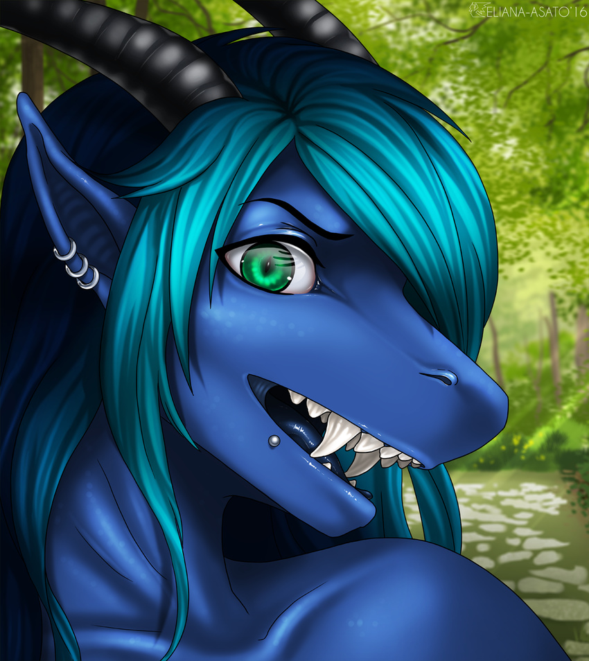 2016 anthro black_claws blue_hair blue_scales claws crazy_face cyan_hair dragon ear_piercing eliana-asato ena fangs female green_eyes hair happy horn long_hair looking_at_viewer multicolored_hair piercing portrait scales smile solo tongue