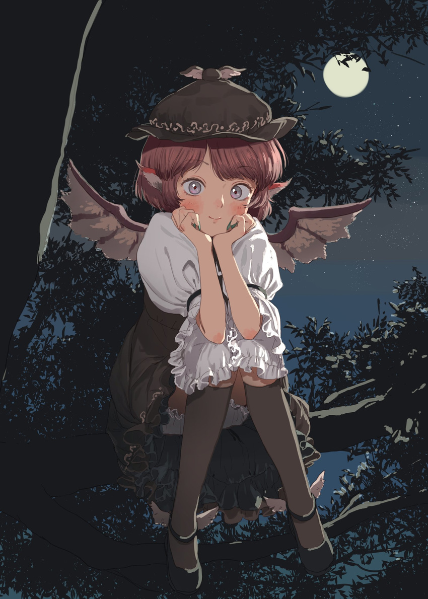 animal_ears aqua_nails backlighting bangs bird_ears bird_wings black_footwear bloomers blush brown_dress brown_hat brown_legwear c: chin_rest closed_mouth daifukumochi_(qquuiieett) dress eyebrows_visible_through_hair eyelashes fingernails frilled_dress frilled_sleeves frills full_body full_moon hat highres in_tree jpeg_artifacts kneehighs knees_together_feet_apart lavender_eyes long_fingernails looking_at_viewer mary_janes moon moonlight mystia_lorelei nail_polish night outdoors pink_hair puffy_short_sleeves puffy_sleeves shirt shoes short_hair short_sleeves sitting sitting_in_tree sky smile socks solo star_(sky) swept_bangs touhou tree underwear white_shirt wide_sleeves wings