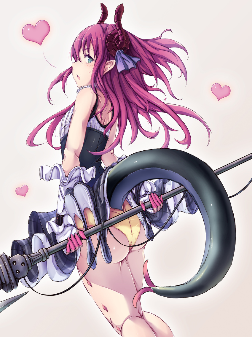 absurdres ass belt blue_eyes blue_ribbon dragon_tail elizabeth_bathory_(fate) elizabeth_bathory_(fate)_(all) fate/extra fate/extra_ccc fate_(series) gloves heart highres holding horn_ribbon horns long_hair looking_at_viewer open_mouth pink_hair pointy_ears profile ribbon shikimisato simple_background solo tail white_gloves