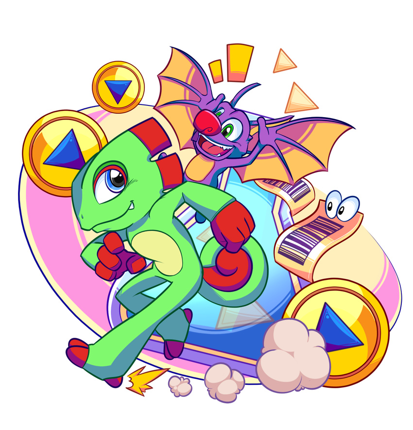 2015 ambiguous_gender animate_inanimate anthro bat bat_wings blue_eyes chameleon crankyconstruct duo_focus fangs featureless_crotch green_eyes group laylee lizard mammal membranous_wings nude open_mouth open_smile reptile scalie simple_background smile white_background wings yooka yooka-laylee