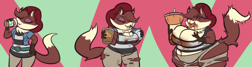 anthro beverage big_breasts breasts canine cleavage clothed clothing coffee eyeshadow female fox foxy_(planet_coaster) hat huge_breasts lactating makeup mammal nipple_bulge obese overweight planet_coaster sequence slob solo torn_clothing unknown_artist weight_gain