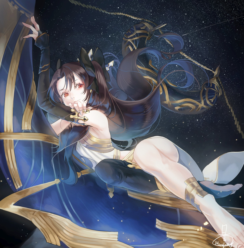 absurdres asymmetrical_clothes black_hair black_legwear earrings fate/grand_order fate_(series) hair_ribbon highres hoop_earrings ishtar_(fate/grand_order) jewelry long_hair long_legs looking_at_viewer mizutame_tori red_eyes ribbon signature single_thighhigh solo space thighhighs twintails