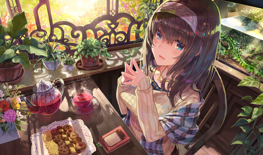 bangs black_hair blue_eyes blush book bookmark breasts chair checkerboard_cookie commentary_request cookie cup drink fish_tank flower flower_pot food from_above hairband hanging_plant idolmaster idolmaster_cinderella_girls indoors ivy jewelry long_hair long_sleeves looking_at_viewer medium_breasts necklace open_mouth pendant plaid plant potted_plant ribbed_sweater sagisawa_fumika shawl sitting sleeves_past_wrists smile solo steepled_fingers sunlight sweater table teacup teapot terumii thumbprint_cookie v-neck window window_shade