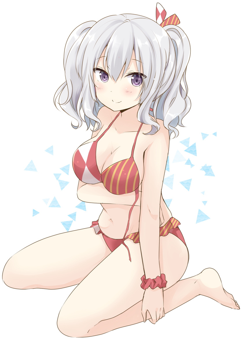bare_legs bikini breast_hold breasts closed_mouth collarbone commentary_request frilled_bikini frills full_body hat highres kantai_collection kashima_(kantai_collection) long_hair looking_at_viewer medium_breasts purple_eyes scrunchie silver_hair sitting smile solo swimsuit twintails wariza wrist_scrunchie yoshikita_popuri