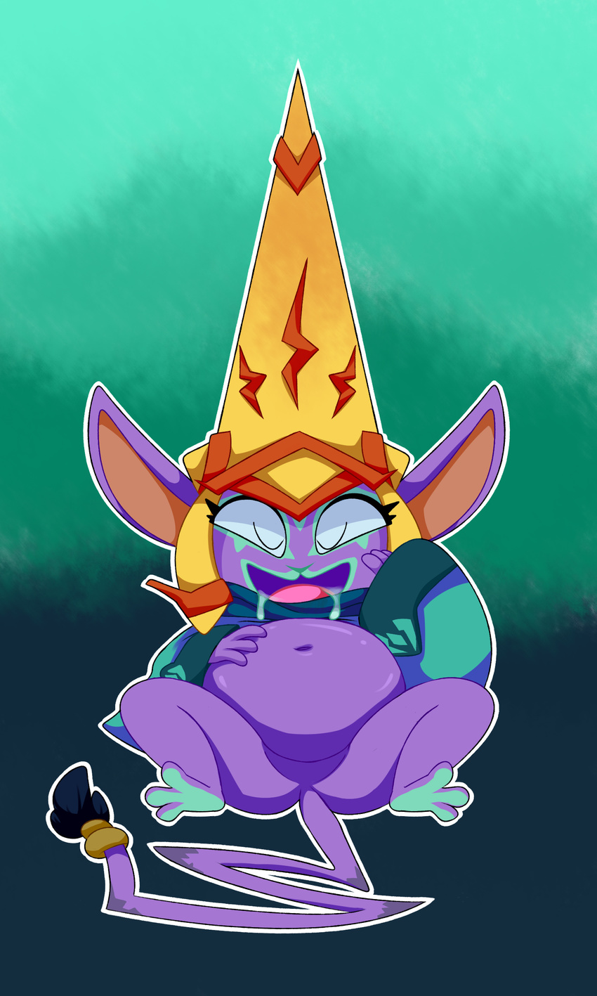 anthro barefoot belly big_belly big_ears bottomless butt clothed clothing drooling eyes_closed featureless_crotch feline female hat hi_res mammal missdetrop motiga mozu_(gigantic) navel robe saliva sitting solo spread_legs spreading