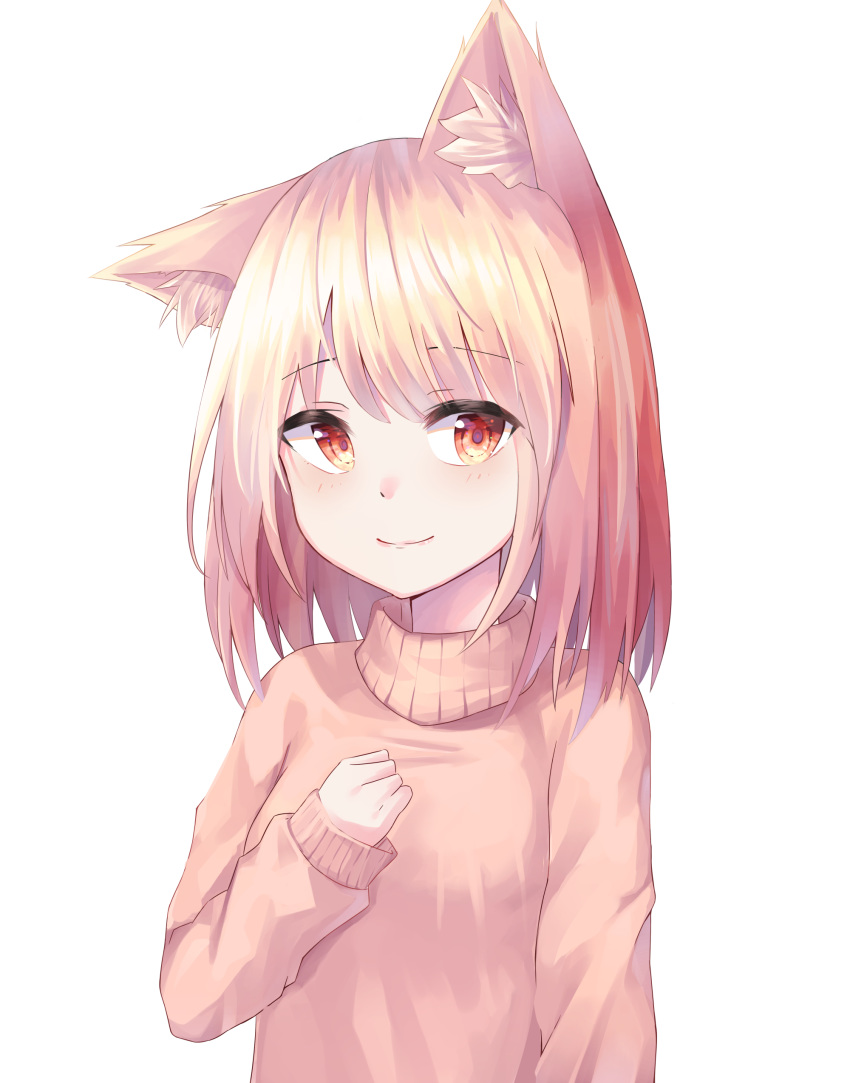 1girl absurdres animal_ear_fluff animal_ears bangs blonde_hair brown_sweater cat_ears closed_mouth commentary_request eyebrows_visible_through_hair hair_between_eyes highres long_hair long_sleeves original red_eyes shiro_(acad1213) simple_background sleeves_past_wrists smile solo sweater upper_body white_background