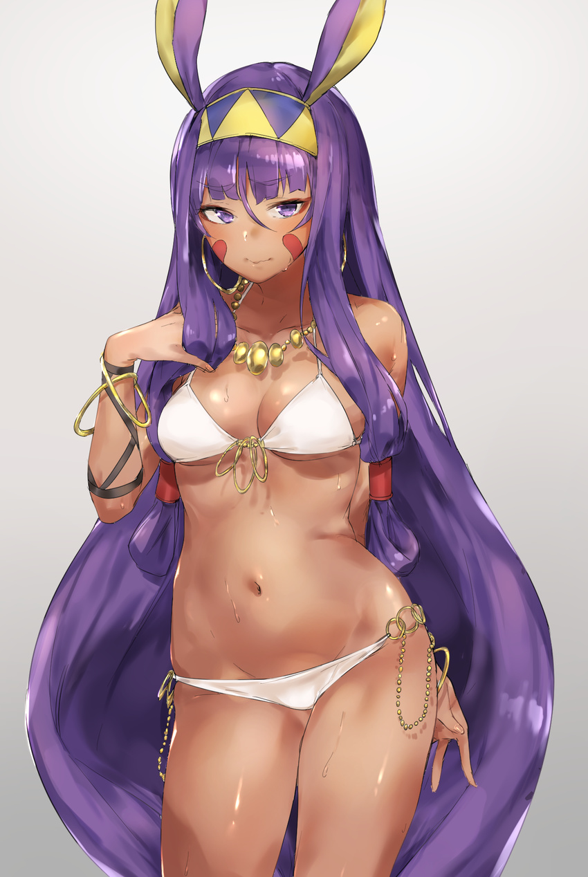 alternate_costume animal_ears bikini blush bracelet breasts bunny_ears cleavage cowboy_shot dark_skin earrings egyptian embarrassed eyebrows_visible_through_hair facial_mark fake_animal_ears fate/grand_order fate_(series) groin halter_top halterneck highres jewelry long_hair looking_at_viewer medium_breasts navel nitocris_(fate/grand_order) purple_eyes purple_hair solo sweat swimsuit thighs wavy_mouth white_bikini yakitomeito