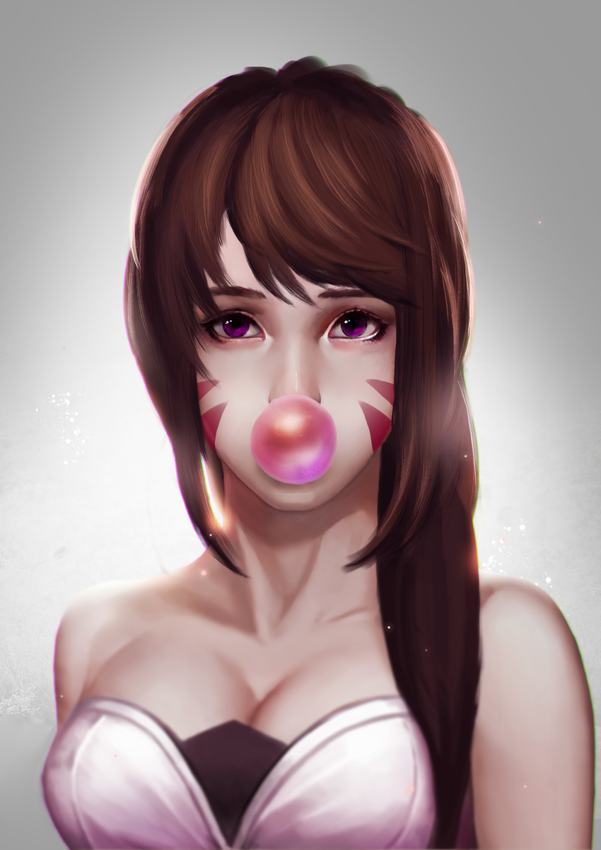 absurdres alternate_eye_color bangs bare_shoulders bodysuit breasts brown_hair bubble_blowing chewing_gum cleavage collarbone d.va_(overwatch) dress eyelashes eyeliner facepaint facial_mark gradient gradient_background hair_over_shoulder highres long_hair looking_at_viewer makeup medium_breasts nose overwatch purple_eyes revision sidelocks solo strapless strapless_dress swept_bangs upper_body whisker_markings xiaoxiaoxiaomo