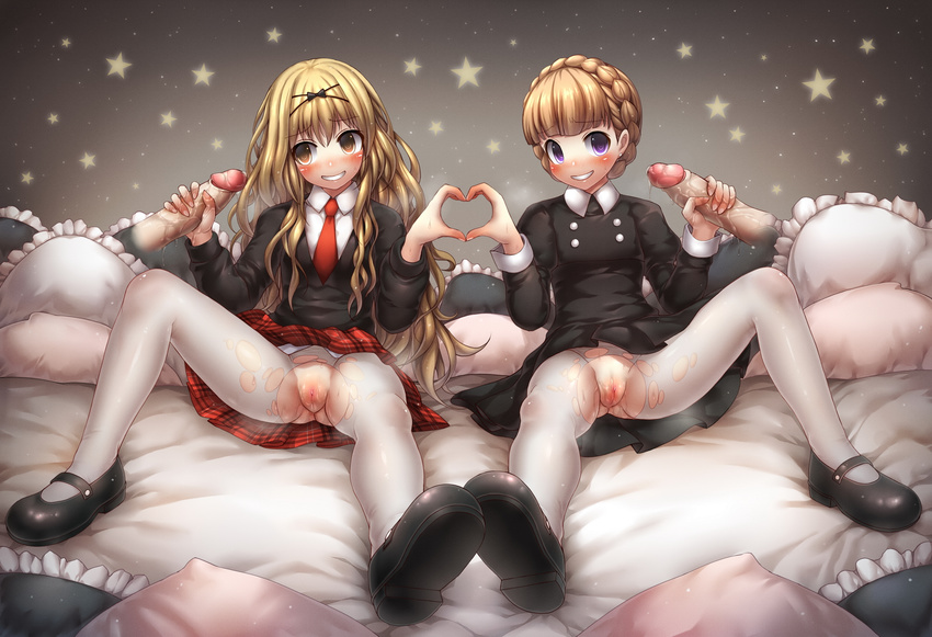 2girls aldnoah.zero black_bow black_shirt blonde_hair blush bow braid clitoris disembodied_penis drooling eddelrittuo emperpep eyebrows eyebrows_visible_through_hair hair_between_eyes hair_bow handjob heart_hands heart_hands_duo heavy_breathing long_hair long_sleeves mashiro_rima multiple_girls multiple_penises necktie pantyhose penis pillow pussy pussy_juice school_uniform shirt shoes shugo_chara! sitting skirt spread_legs star teeth torn_pantyhose uncensored white_legwear white_pantyhose