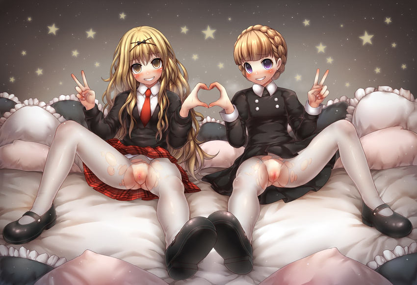 2girls aldnoah.zero black_bow black_shirt blonde_hair blush bow braid clitoris eddelrittuo emperpep eyebrows eyebrows_visible_through_hair female hair_between_eyes hair_bow heart_hands heart_hands_duo long_hair long_sleeves mashiro_rima multiple_girls necktie pantyhose pillow pussy school_uniform shirt shoes shugo_chara! sitting skirt spread_legs star teeth torn_pantyhose uncensored v white_legwear white_pantyhose