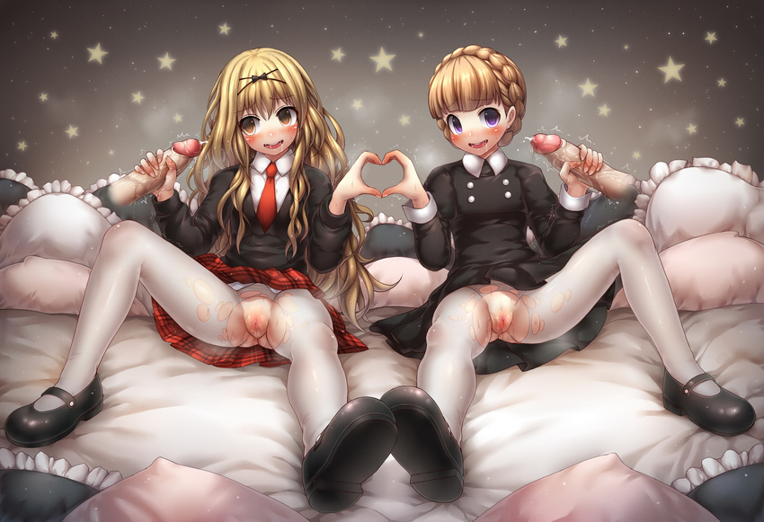 2girls aldnoah.zero black_bow black_shirt blonde_hair blush bow braid clitoris disembodied_penis drooling eddelrittuo emperpep eyebrows eyebrows_visible_through_hair hair_between_eyes hair_bow handjob heart_hands heart_hands_duo heavy_breathing long_hair long_sleeves mashiro_rima multiple_girls multiple_penises necktie pantyhose penis pillow pussy pussy_juice saliva school_uniform shirt shoes shugo_chara! sitting skirt spread_legs star teeth torn_pantyhose uncensored white_legwear white_pantyhose