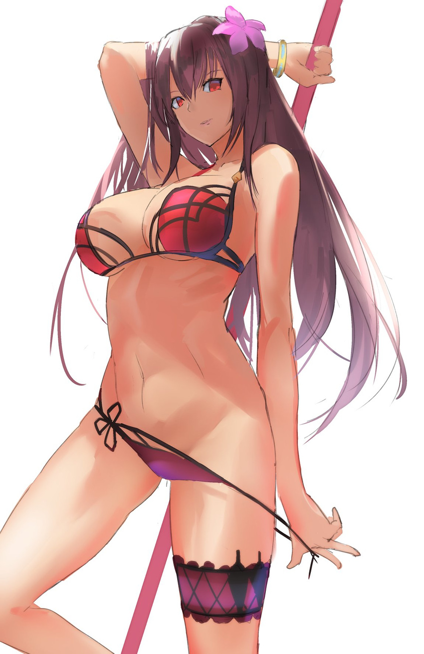 arm_behind_head arm_up backlighting bangs bikini bikini_pull bracelet breasts cleavage closed_mouth cowboy_shot fate/grand_order fate_(series) flower groin hair_between_eyes hair_flower hair_ornament hibiscus highres holding holding_weapon jewelry kunai large_breasts leg_garter legs_apart light_smile long_hair looking_at_viewer navel polearm pulled_by_self purple_hair red_bikini red_eyes scathach_(fate)_(all) scathach_(swimsuit_assassin)_(fate) side-tie_bikini simple_background smile solo strap_pull string_bikini swimsuit three_k_(spiritus_no_honoo) underboob undressing very_long_hair weapon white_background