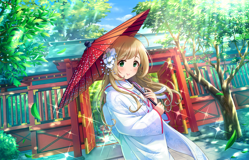 arch blonde_hair blush green_eyes idol,aster idolmaster_cinderella_girls idolmaster_cinderella_girls_starlight_stage kimono long_hair parasol satou_shin smile traditional wedding