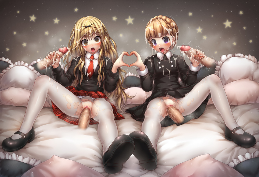 2girls aldnoah.zero black_bow black_shirt blonde_hair blush bow braid clitoris cum cum_on_body cum_on_clothes cum_on_hair disembodied_penis drooling eddelrittuo emperpep eyebrows eyebrows_visible_through_hair facial hair_between_eyes hair_bow handjob heart_hands heart_hands_duo heavy_breathing long_hair long_sleeves mashiro_rima multiple_girls multiple_penises necktie pantyhose penis pillow pussy pussy_juice saliva school_uniform sex shirt shoes shugo_chara! sitting skirt spread_legs star teeth torn_pantyhose uncensored vaginal white_legwear white_pantyhose