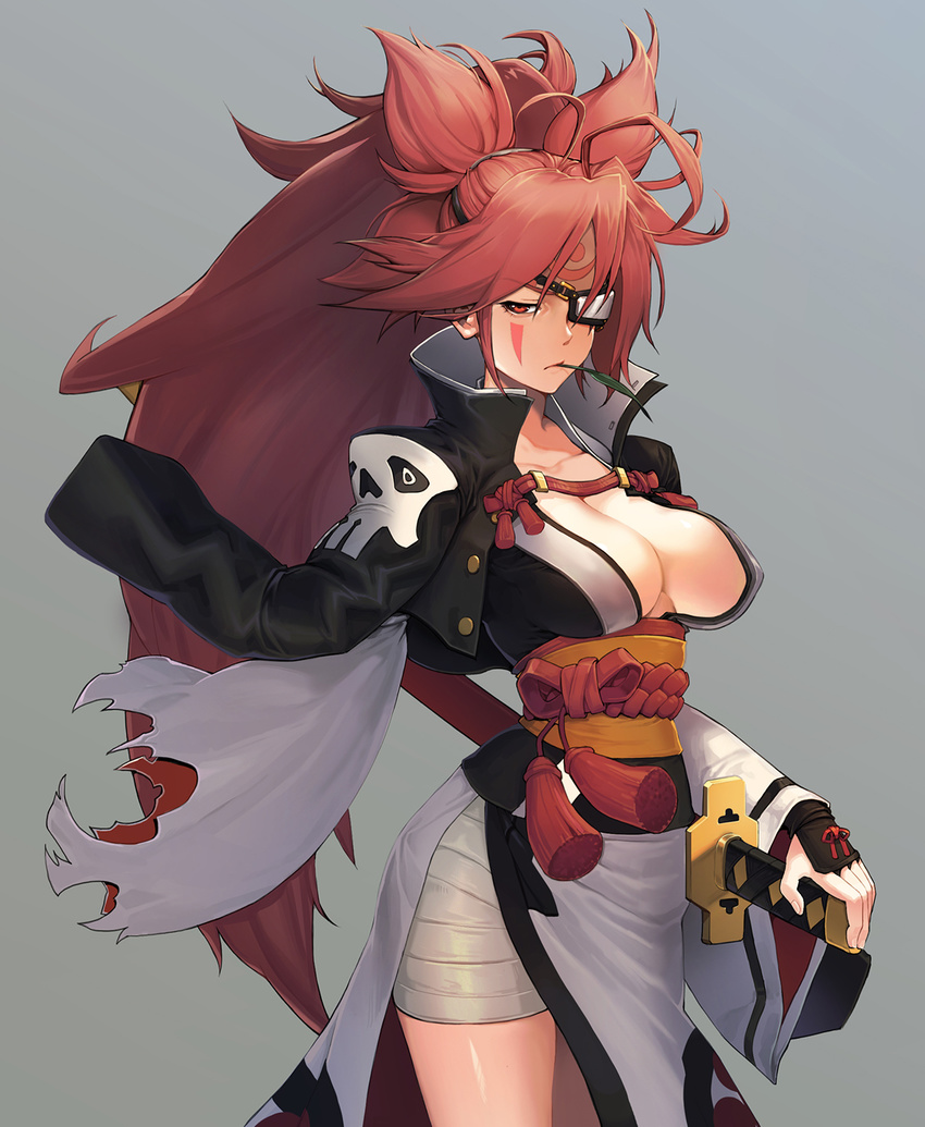 ahoge amputee baiken breasts cleavage eyepatch facial_mark facial_tattoo grey_background guilty_gear guilty_gear_xrd half-closed_eyes highres jacket_on_shoulders japanese_clothes k1_(erin22) katana kimono large_breasts leaf long_hair pink_hair pointy_hair ponytail red_eyes sarashi sash scar scar_across_eye sheath sheathed simple_background solo stalk_in_mouth sword tattoo torn_sleeve very_long_hair weapon