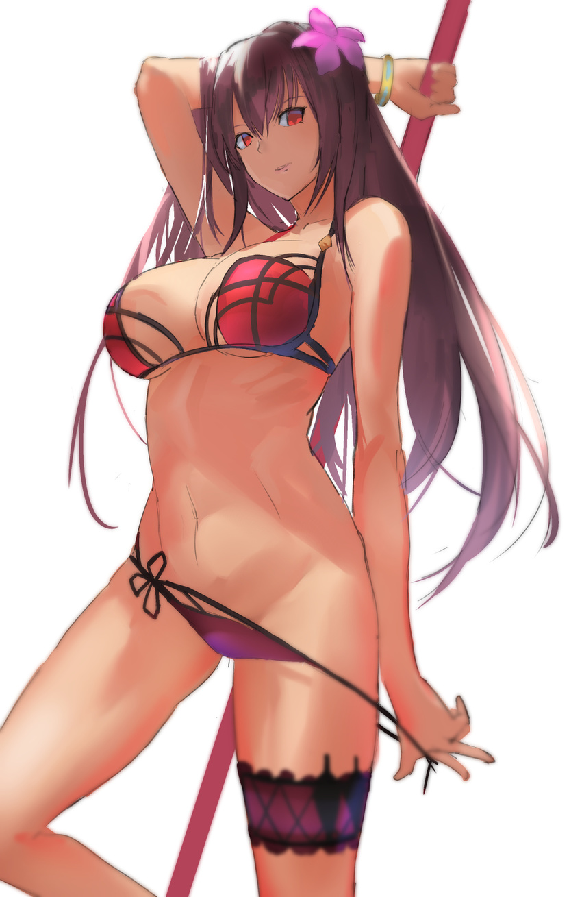 arm_behind_head arm_up backlighting bangs bikini bikini_pull bracelet breasts cleavage closed_mouth commentary_request cowboy_shot eyebrows_visible_through_hair fate/grand_order fate_(series) flower groin hair_between_eyes hair_flower hair_ornament hibiscus highres holding holding_weapon jewelry kunai large_breasts leg_garter legs_apart light_smile long_hair looking_at_viewer navel polearm pulled_by_self purple_hair red_bikini red_eyes scathach_(fate)_(all) scathach_(swimsuit_assassin)_(fate) side-tie_bikini simple_background smile solo standing strap_pull string_bikini swimsuit three_k_(spiritus_no_honoo) underboob undressing very_long_hair weapon white_background