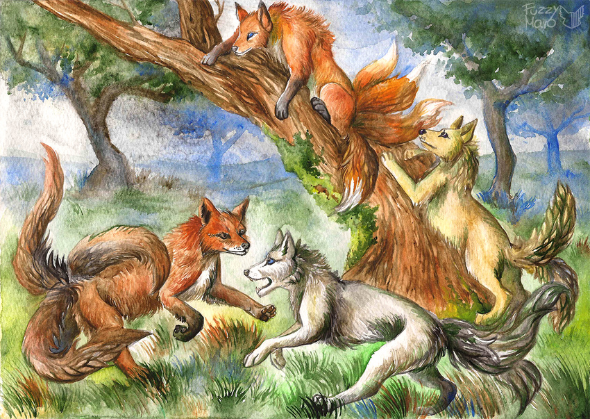 canine feral forest fox fuzzymaro group mammal playing traditional_media_(artwork) tree watercolor_(artwork)