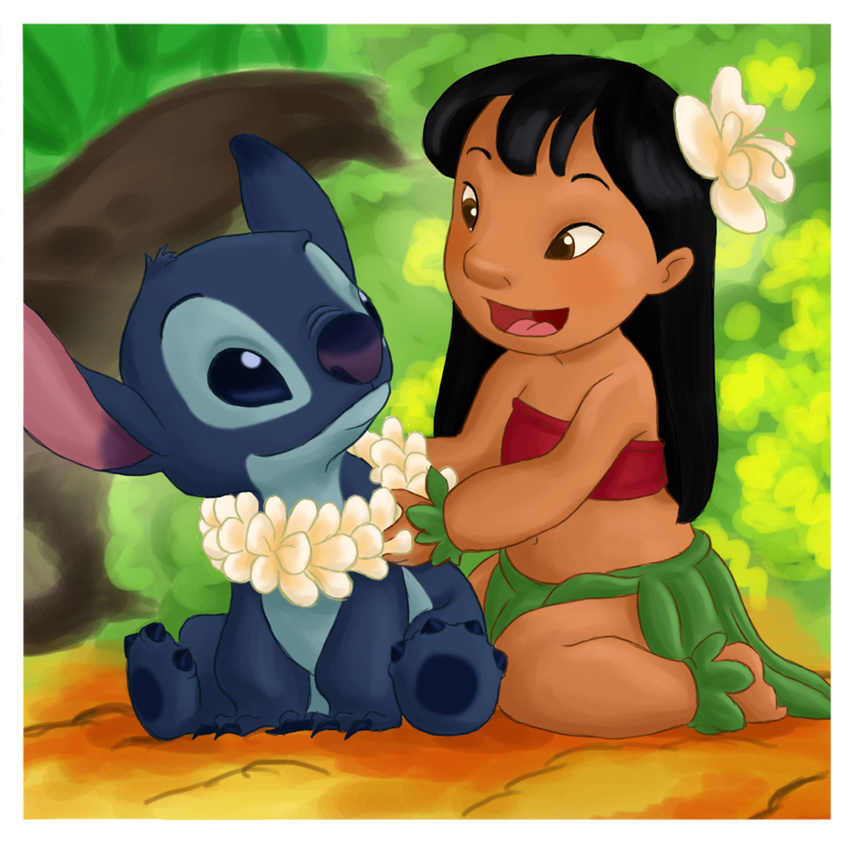 2011 4_fingers 4_toes alien black_hair blue_claws blue_eyes blue_fur blue_nose border brown_eyes claws clothed clothing cute digital_drawing_(artwork) digital_media_(artwork) disney experiment_(species) flower fur hair happy head_tuft hibiscus human kahimi-chan lilo_and_stitch lilo_pelekai mammal midriff open_mouth open_smile outside plant sitting skirt smile stitch toes tuft white_border