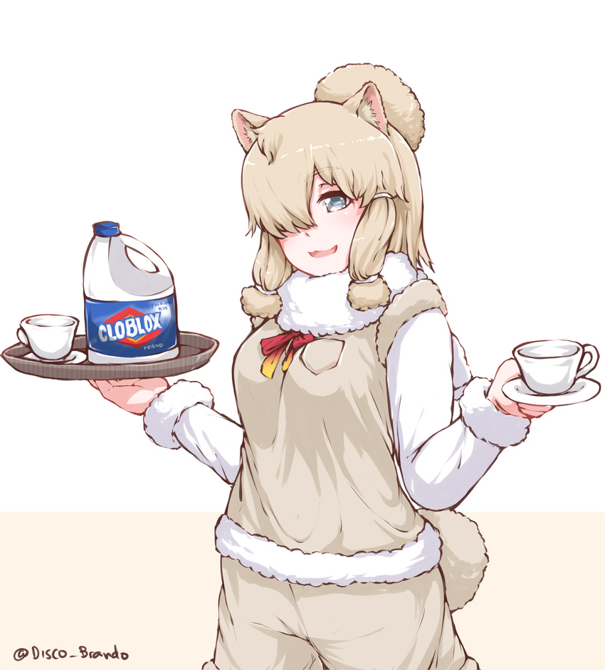 alpaca_ears alpaca_suri_(kemono_friends) animal_ears bleach_(chemical) blonde_hair blue_eyes blush bow brand_name_imitation breast_pocket clorox cup disco_brando eyebrows_visible_through_hair hair_over_one_eye highres holding holding_plate holding_tray kemono_friends looking_at_viewer meme open_mouth plate pocket red_bow short_hair smile solo teacup tray twitter_username