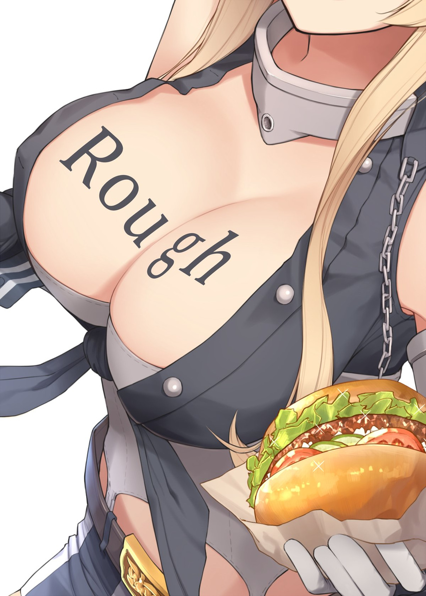 belt body_writing breasts buckle chain cleavage enosan food gloves grey_gloves hamburger head_out_of_frame highres iowa_(kantai_collection) kantai_collection large_breasts light_brown_hair long_hair miniskirt shirt sidelocks simple_background skirt solo sparkle tied_shirt white_background wrist_cuffs