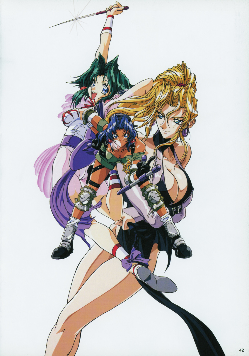 3girls 90s absurdres blonde_hair blue_eyes blue_hair breasts cleavage crossed_arms dagger dark_skin earrings elbow_pads ellis_(toushinden) green_hair highres holding holding_dagger holding_weapon jewelry knee_pads knife large_breasts legs leotard long_legs multiple_girls open_mouth pelvic_curtain simple_background sofia_(toushinden) thigh_strap thighs tonfa toushinden tracy_(toushinden) weapon white_background white_leotard yokota_mamoru