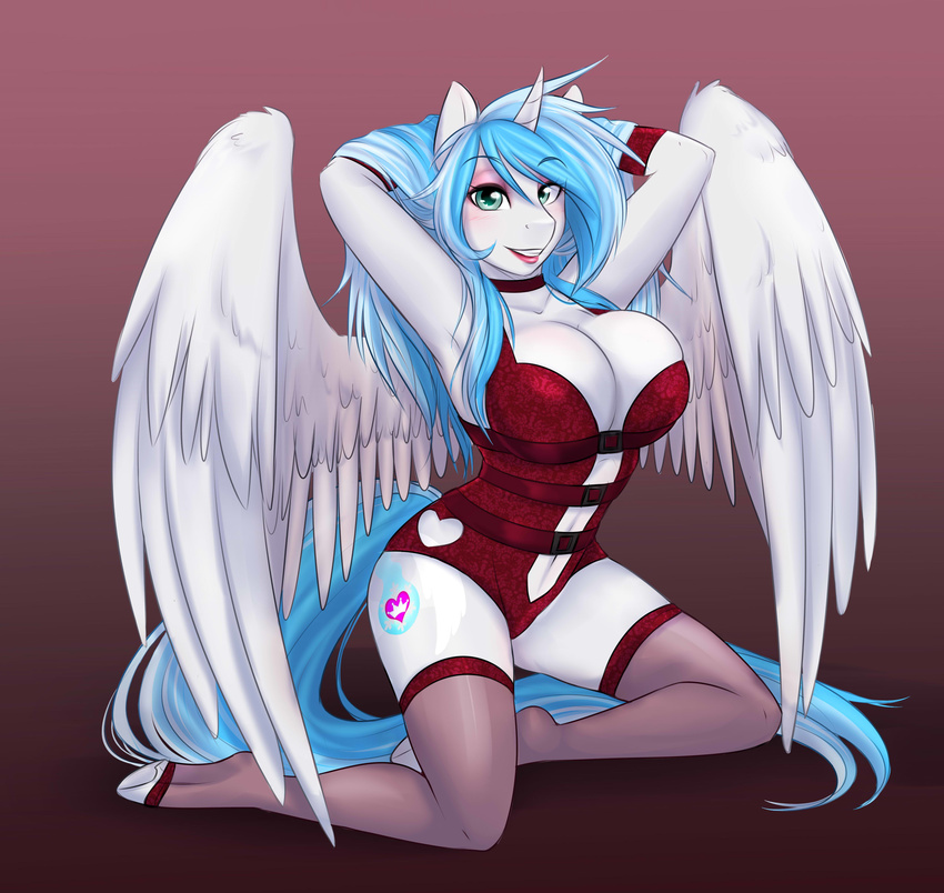 &lt;3 2017 anthro askbubblelee blue_hair breasts cat-named-fish cleavage clothed clothing corset cutie_mark equine fan_character female green_eyes hair horn kineeling legwear lingerie mammal my_little_pony pose solo stockings winged_unicorn wings